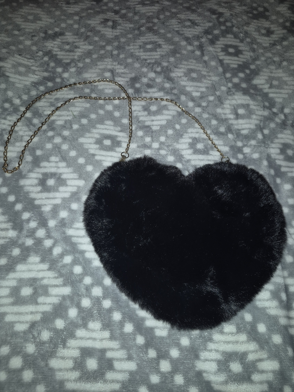 Black Faux Fur Heart Crossbody Bag with Gold Chain